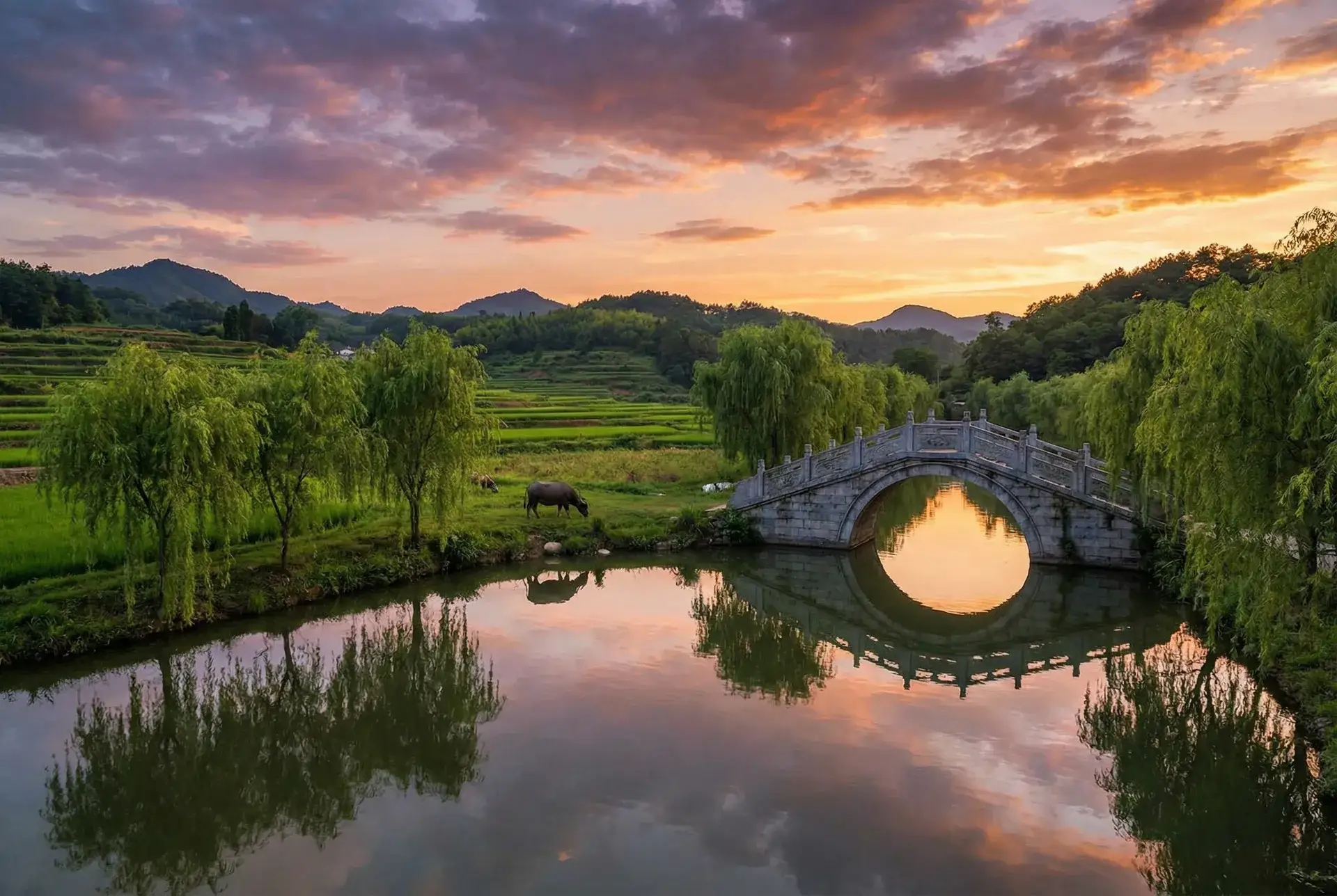 夕阳下的石拱桥与垂柳，水牛在河边吃草 - 顶级RAPPER潮水老狼 乡村美景